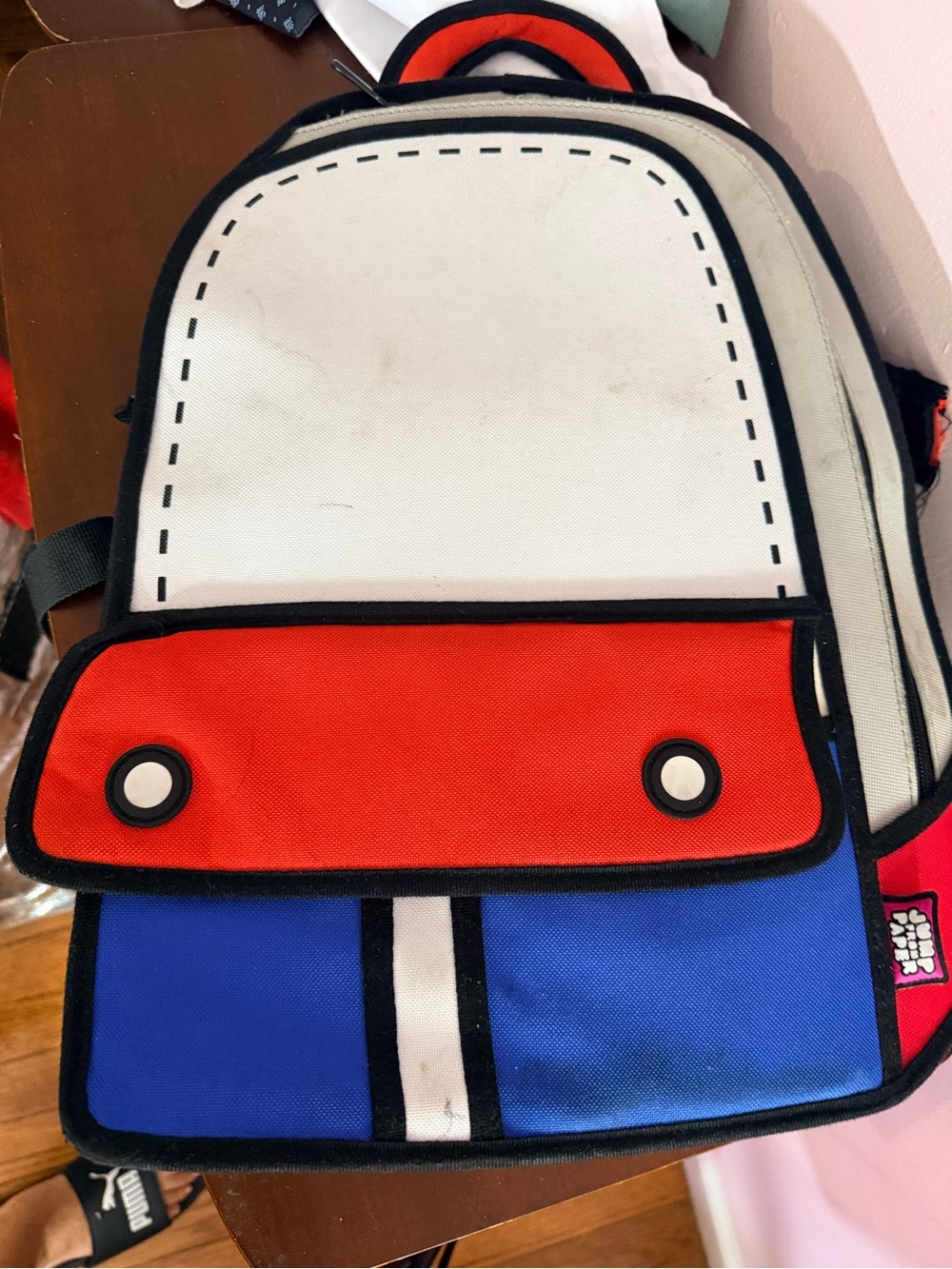 Jump from paper Graphic Colorblock Cartoon-Style Backpack in White, Red & Blue